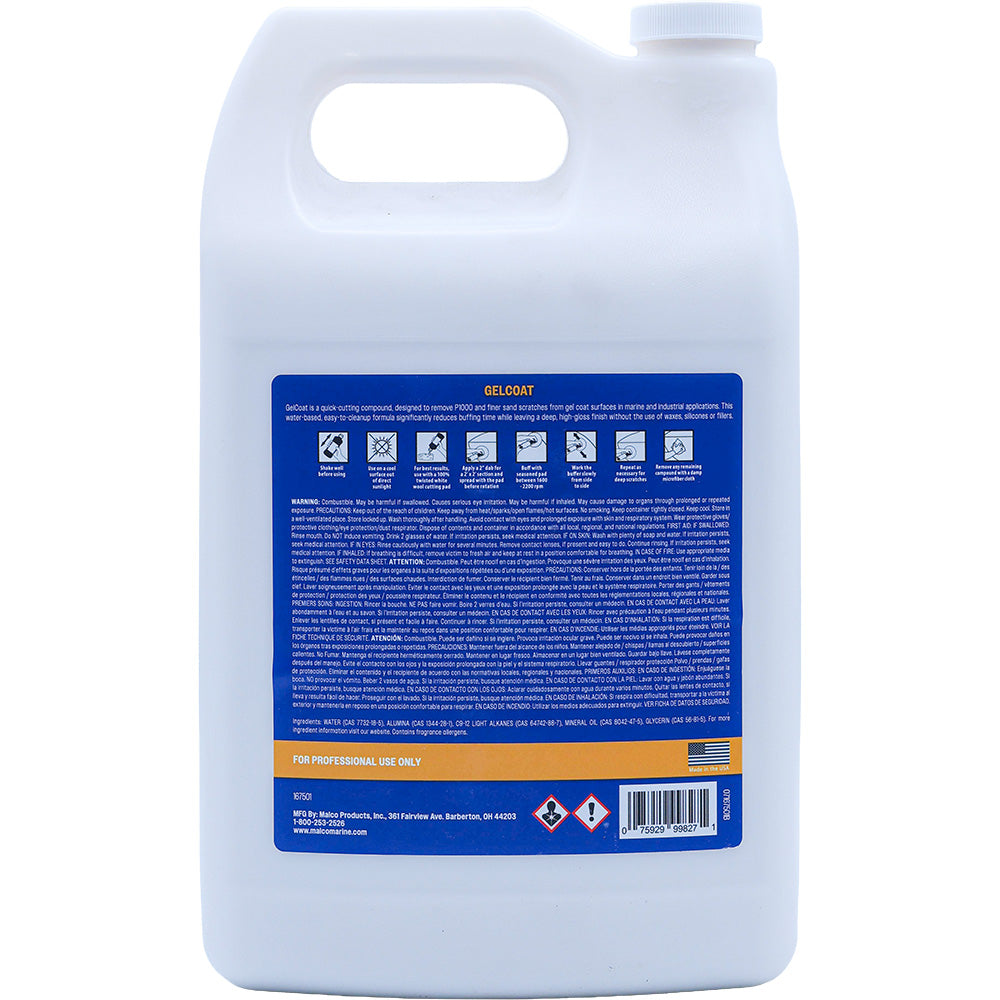 Malco Gel Coat Compound, 1-gallon cleaning product with a white container and label for automotive polishing and restoration.
