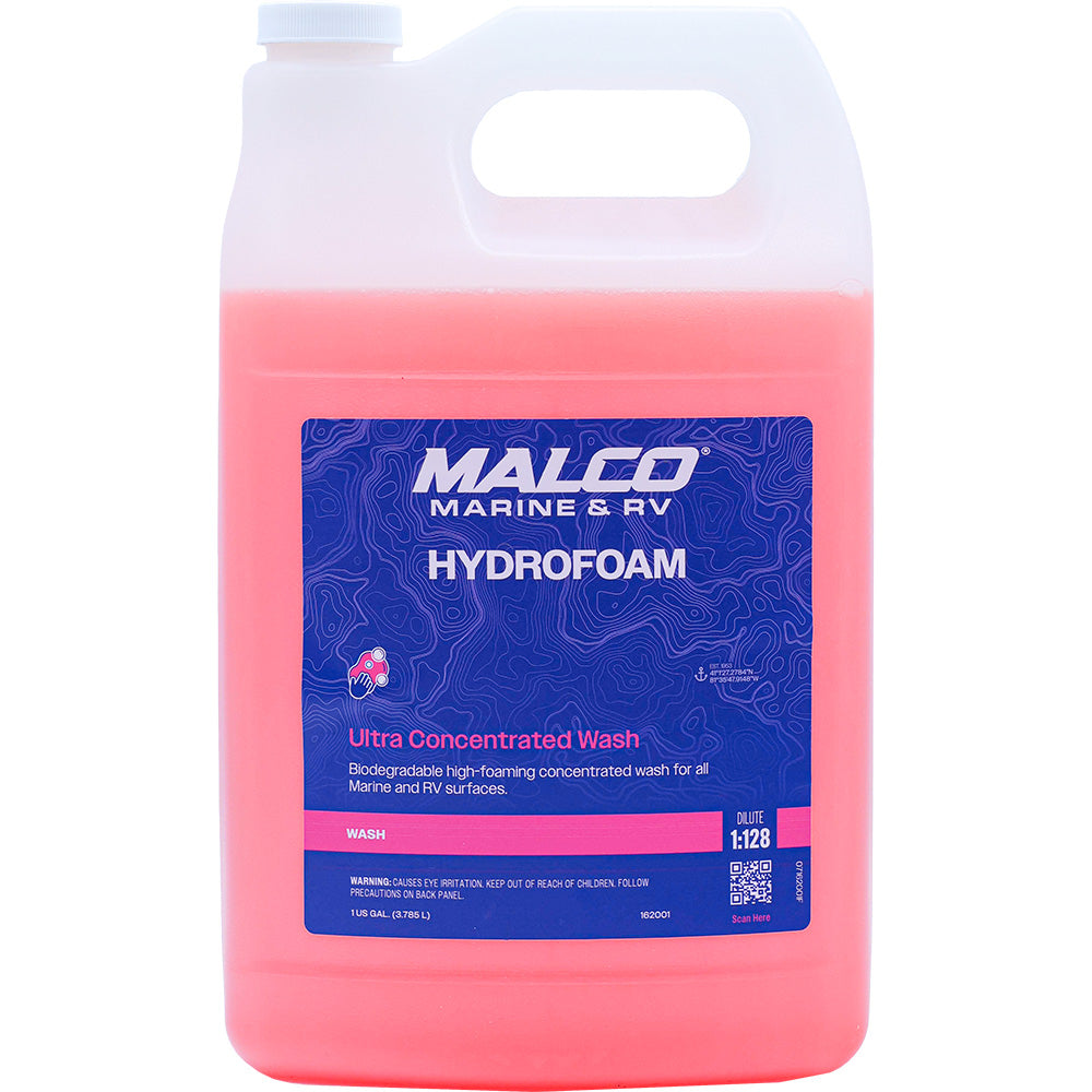 Malco HydroFoam Ultra Concentrated Boat Wash in a 1-gallon container, eco-friendly cleaning product for boats.