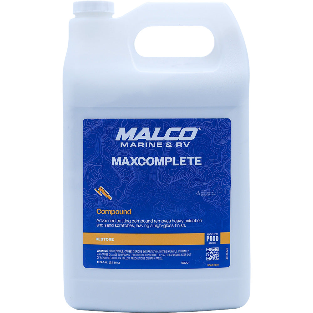 Malco MaxComplete Cleaning Compound in a 1-gallon container, used for polishing and detailing automotive surfaces.