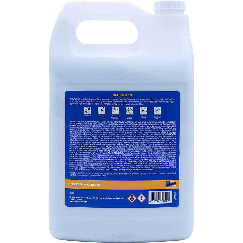 Malco MaxComplete Cleaning Compound in a 1-gallon container, used for automotive polishing and surface restoration.