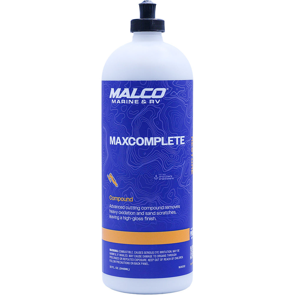 Malco MaxComplete Compound 32oz cleaning product, shown in a clear container with a white lid for car polishing and detailing.