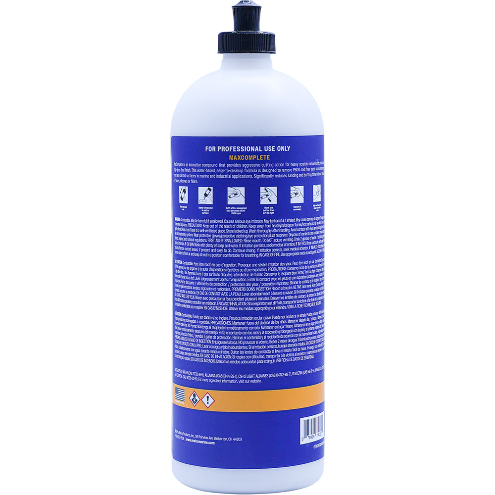 Malco MaxComplete Cleaning Compound 32oz bottle, showcasing the white liquid and label for car polishing and surface cleaning.