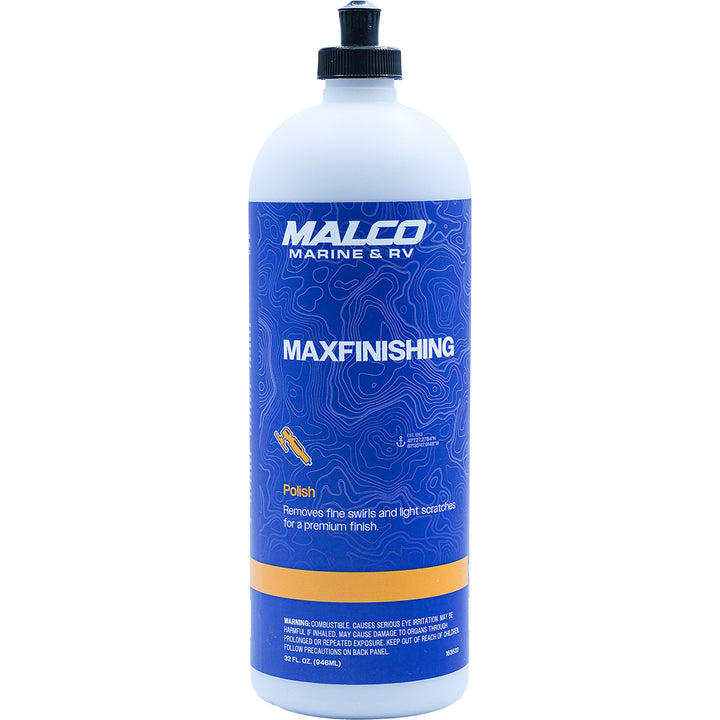 Malco MaxFinishing Polish 32oz cleaning product in a white container with a screw cap, designed for surface polishing.