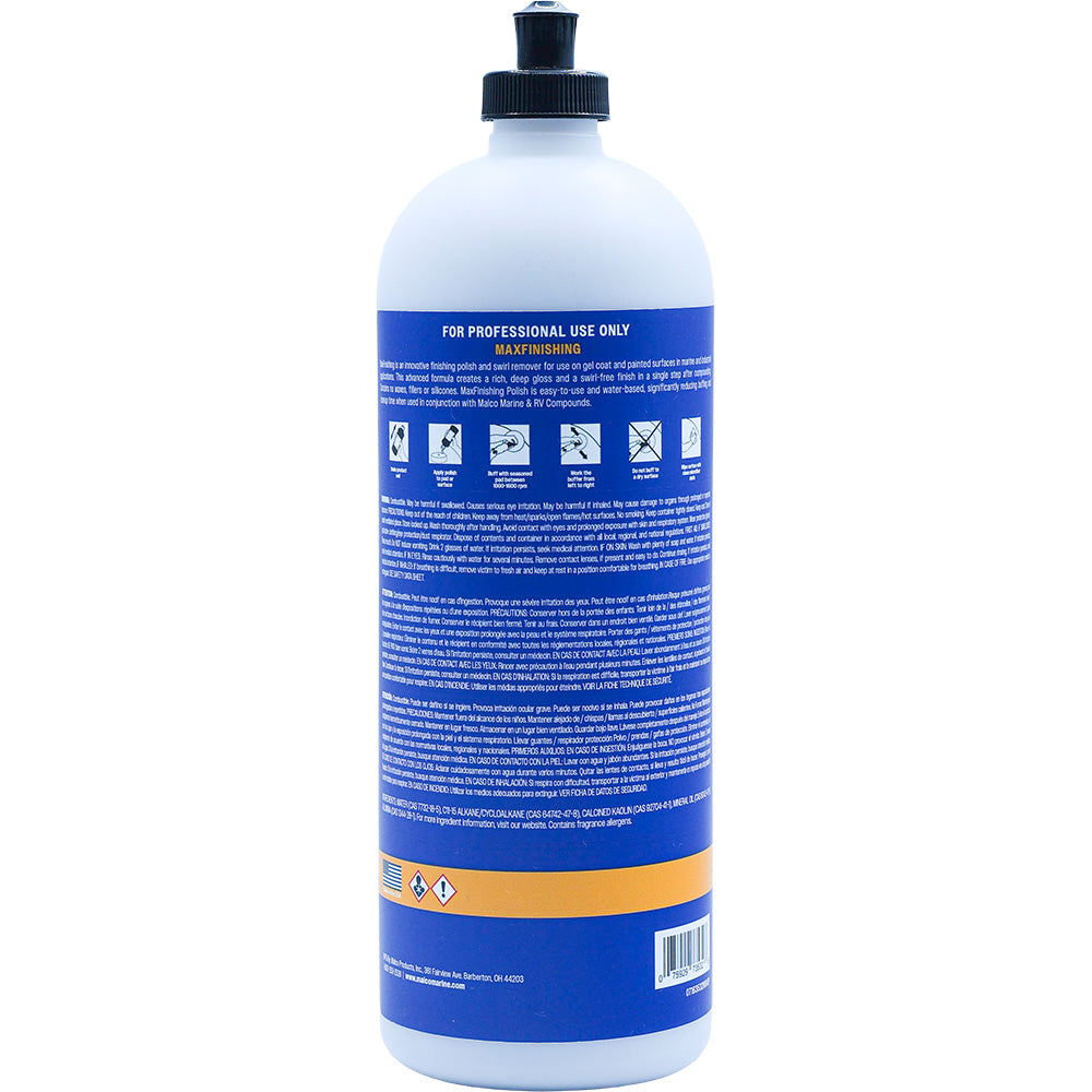 Malco MaxFinishing Polish 32oz bottle for cleaning and polishing automotive surfaces and finishes.