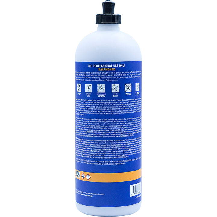 Malco MaxFinishing Polish 32oz bottle for cleaning and polishing automotive surfaces and finishes.