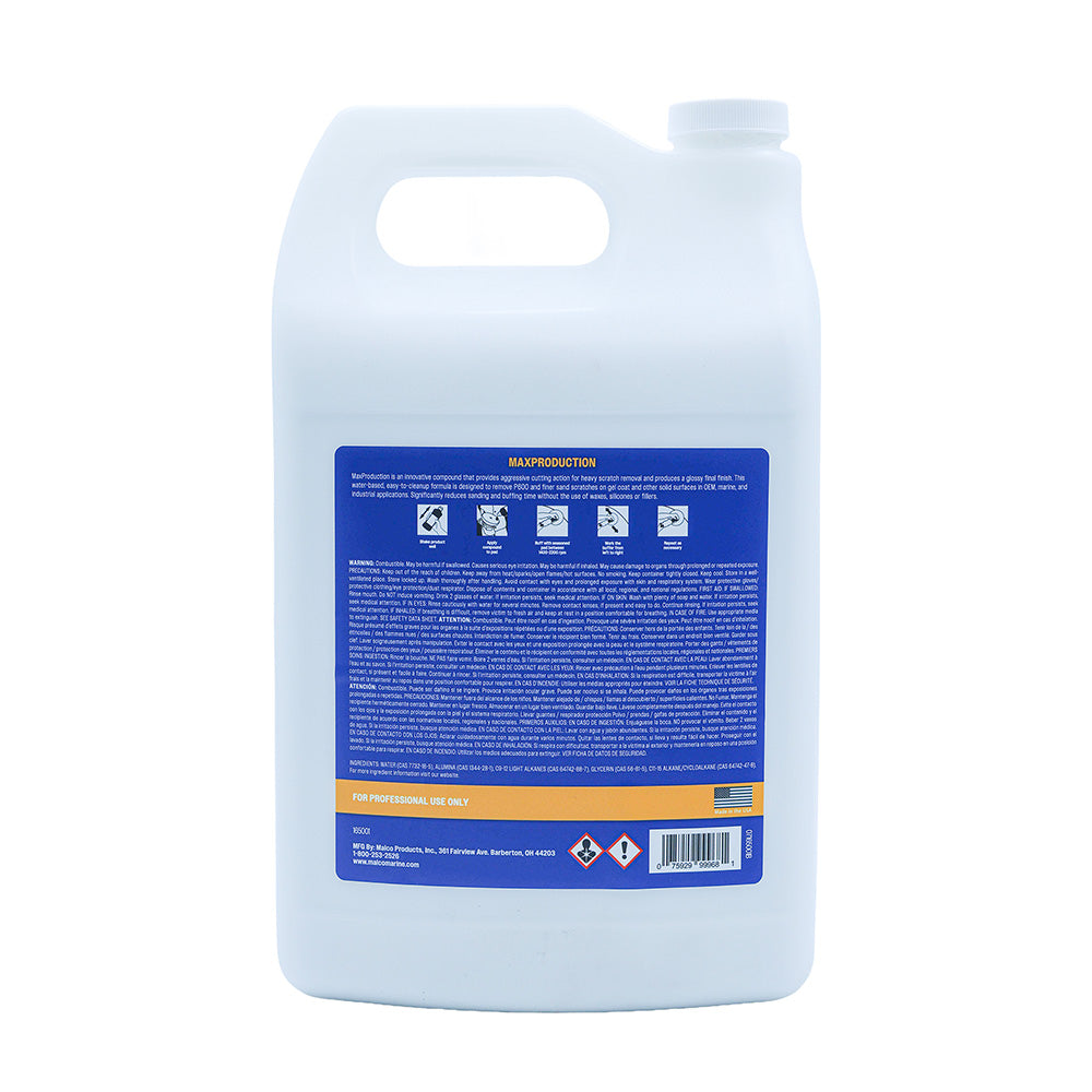 Malco MaxProduction Cleaning Compound in a 1-gallon container, designed for surface cleaning and polishing.