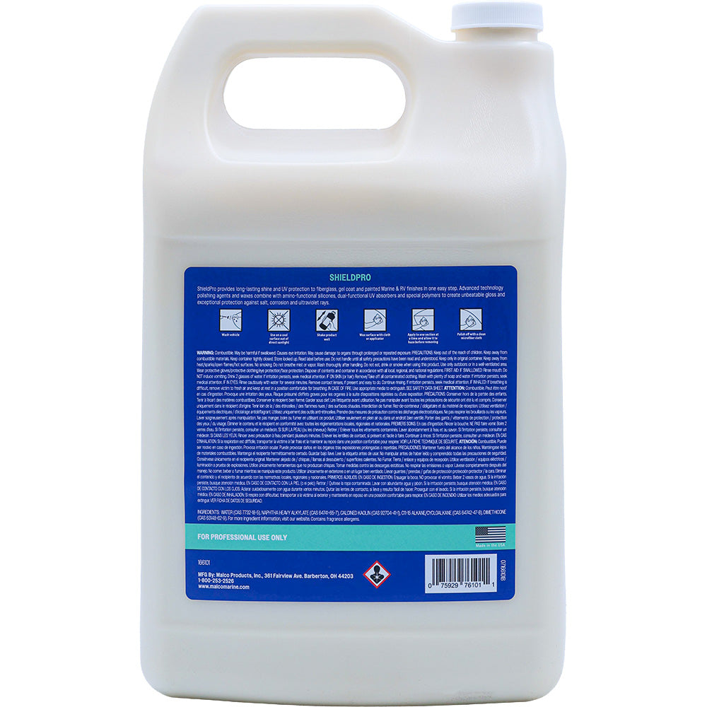 Malco ShieldPro UV Crème Wax in a 1-gallon container, used for cleaning and protecting surfaces with UV protection.