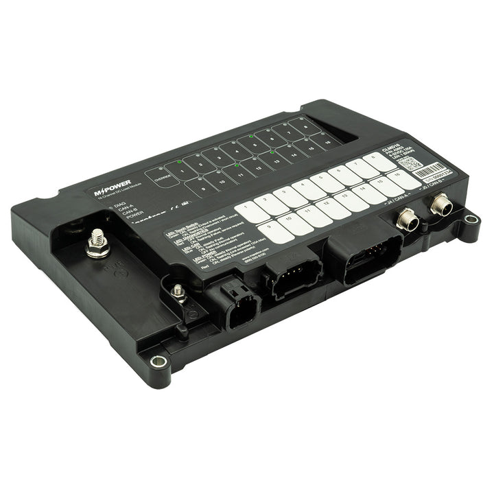 Maretron MPower 16-channel DC load controller module with NMEA 2000, marine monitor system, shown without connectors.