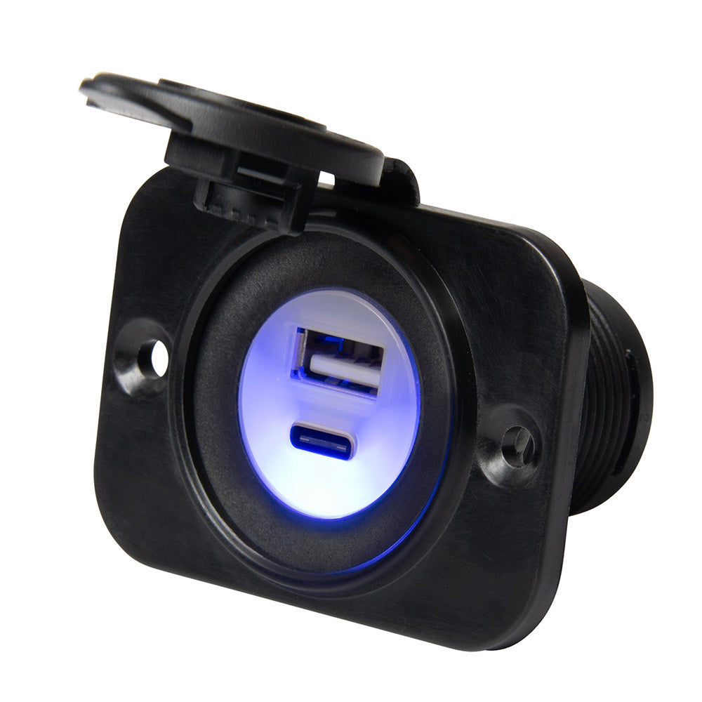 Marinco Sealink dual USB-A and USB-C combo charger showing ports and compact design for vehicle or marine use.