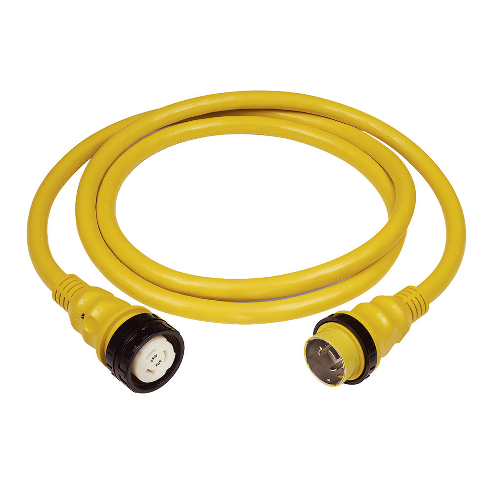 Yellow Marinco 50 AMP 125V shore power cable, 75-foot length, for marine and RV electrical connections.