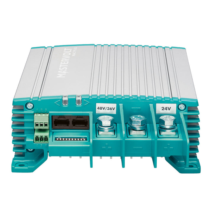 Mastervolt Mac Plus 12/48-15 battery charger for marine or RV use, showing the compact device with connection ports.