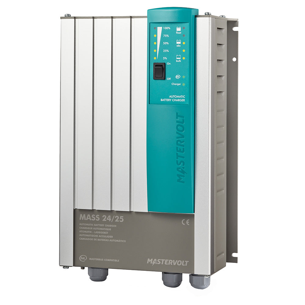 Mastervolt Mass 24/25-2 25 Amp 24V battery charger connected to a battery, showing its compact design and control panel.