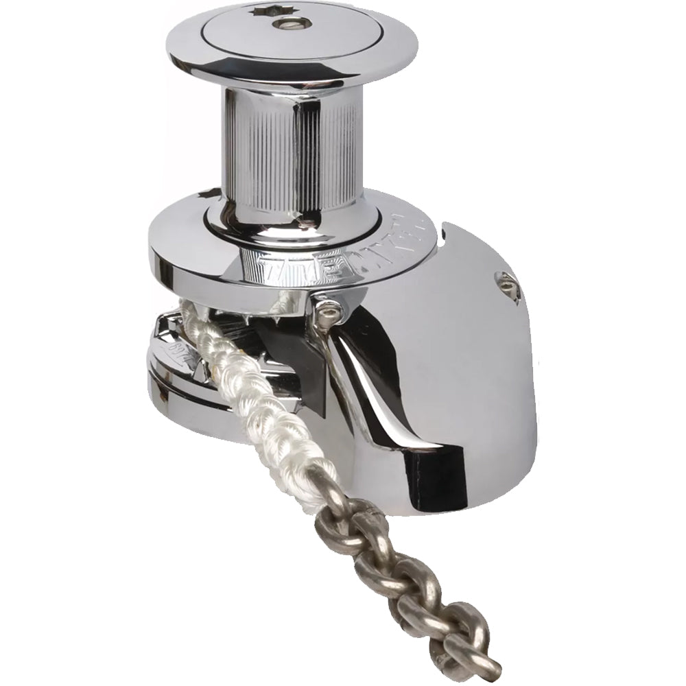 Maxwell RC10-10 12V capstan windlass with 3/8-inch chain and 5/8-inch rope for boat anchoring and mooring.