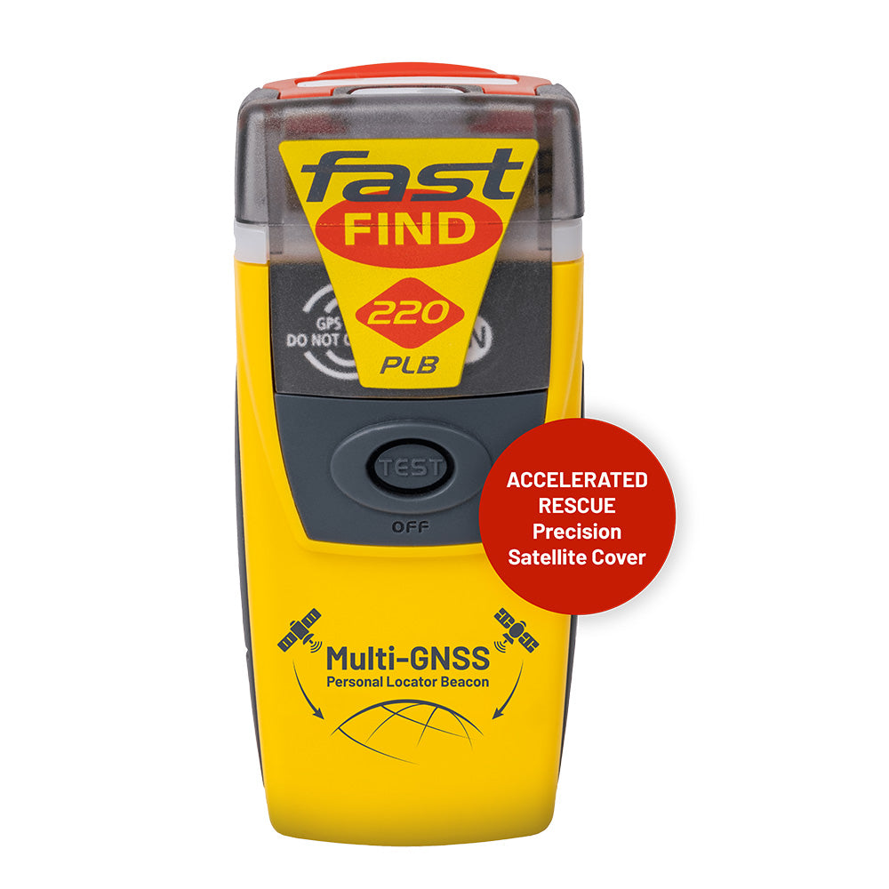 McMurdo FastFind 220 PLB personal locator beacon with orange case and antenna, designed for emergency outdoor safety.