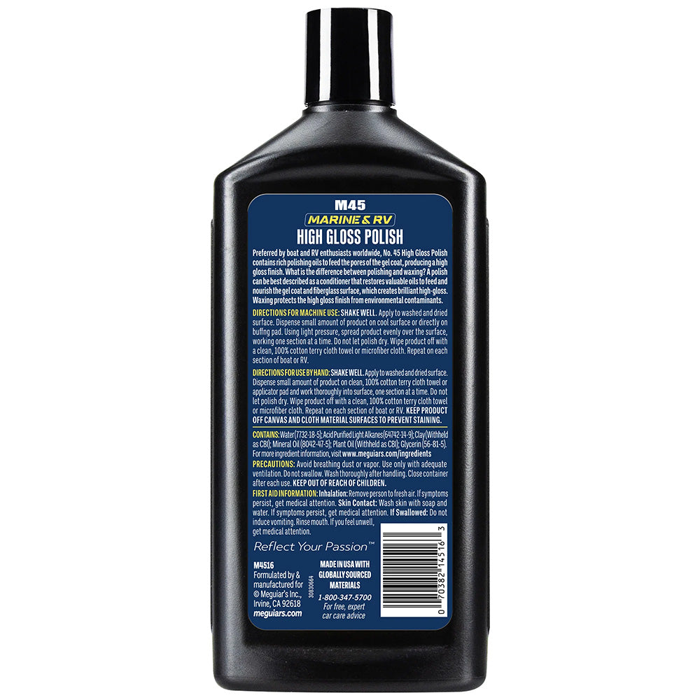 Meguiar's #45 Boat and RV Polish and Gloss Enhancer in a 16oz bottle, used for cleaning and shining boats and RV surfaces.