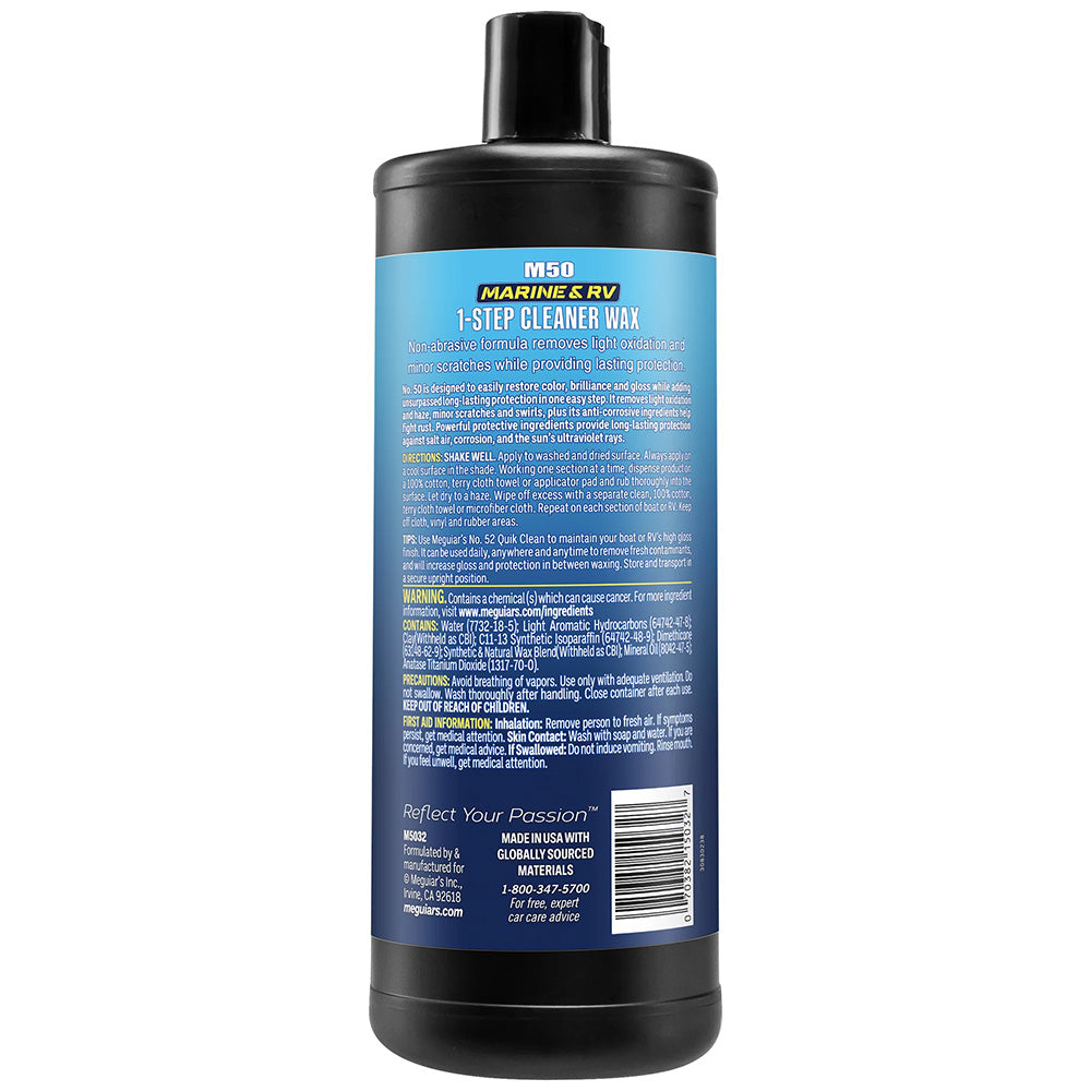 Meguiar's #50 Boat and RV Cleaner Wax in 32oz liquid bottle, designed for cleaning and polishing boats and RV surfaces.