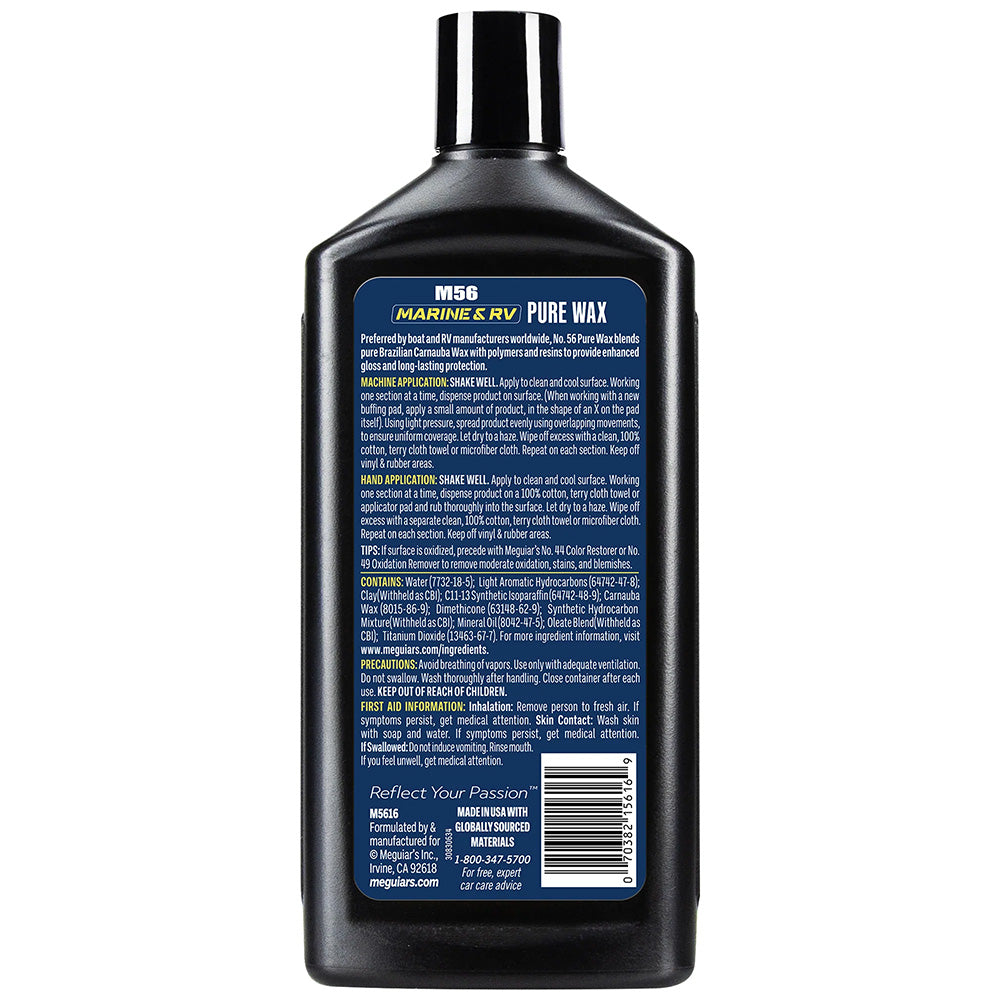 Meguiar's #56 Boat and RV Pure Wax in 16oz container, cleaning product for marine and RV surfaces, with a white wax jar.