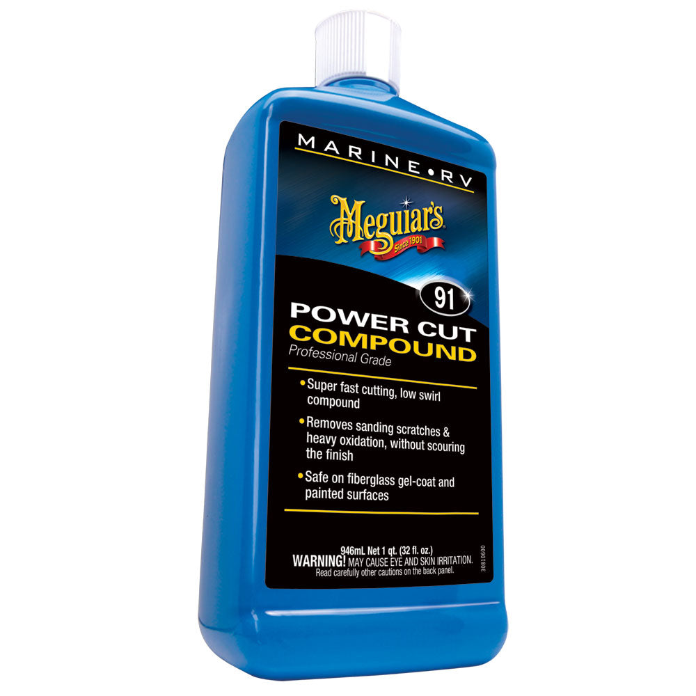 Meguiar's #91 Marine/RV Power Cut Compound in a 32oz bottle, used for cleaning and polishing boats and RV surfaces.