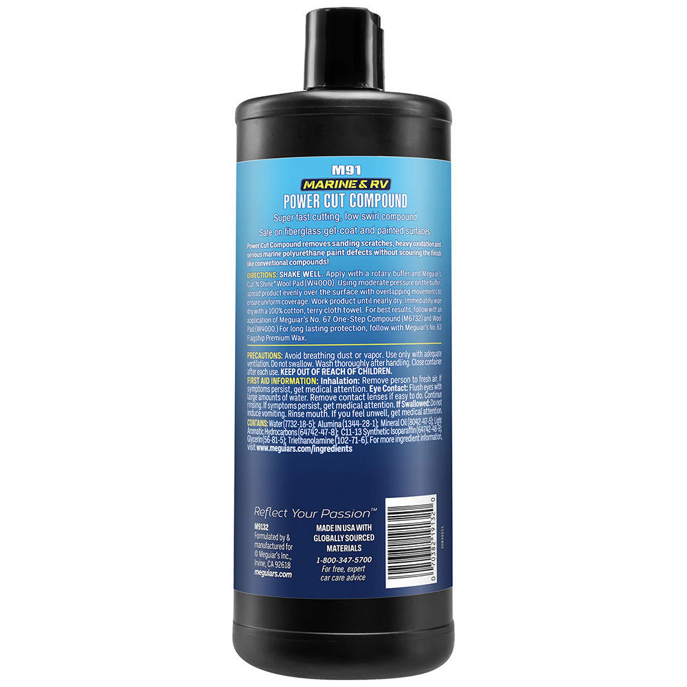 Meguiar's #91 Marine/RV Pro Grade Power Cut Compound in 32oz bottle, used for cleaning and polishing boats and RV surfaces.