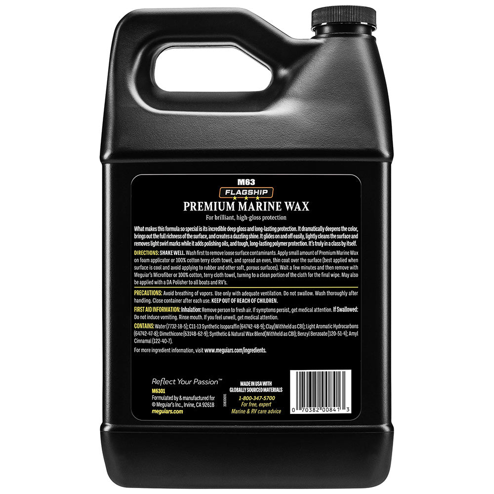 Meguiar's Flagship Premium Marine Wax in a 1-gallon container, designed for cleaning and protecting boat surfaces.