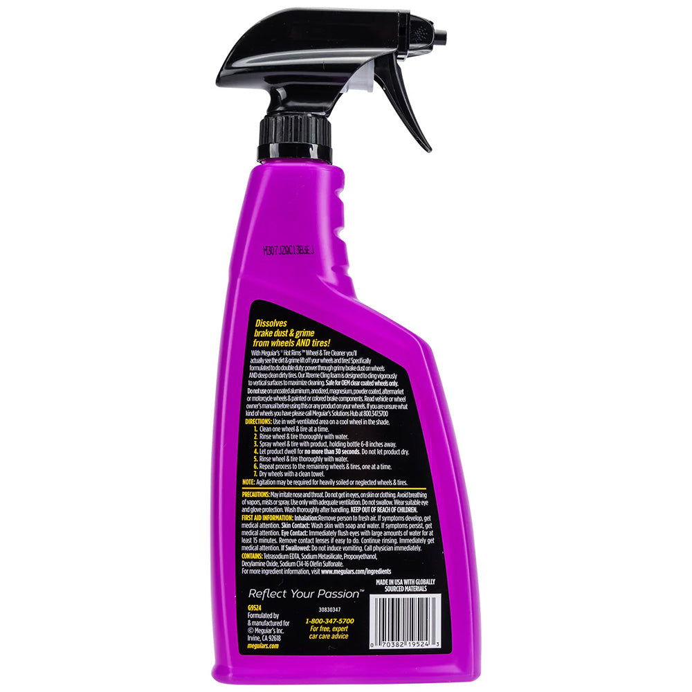 Meguiar's Hot Rims Wheel and Tire Cleaner in a 24oz bottle, designed for cleaning car wheels and tires effectively.