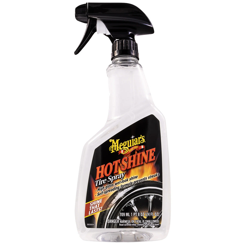 Meguiar's Hot Shine Tire Spray in a 24oz bottle, used for cleaning and shining car tires with a glossy finish.
