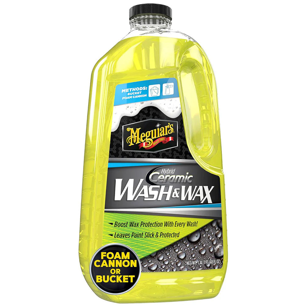 Meguiar's Hybrid Ceramic Wash Wax in a 48oz bottle, a car cleaning product with ceramic coating for a shiny finish.