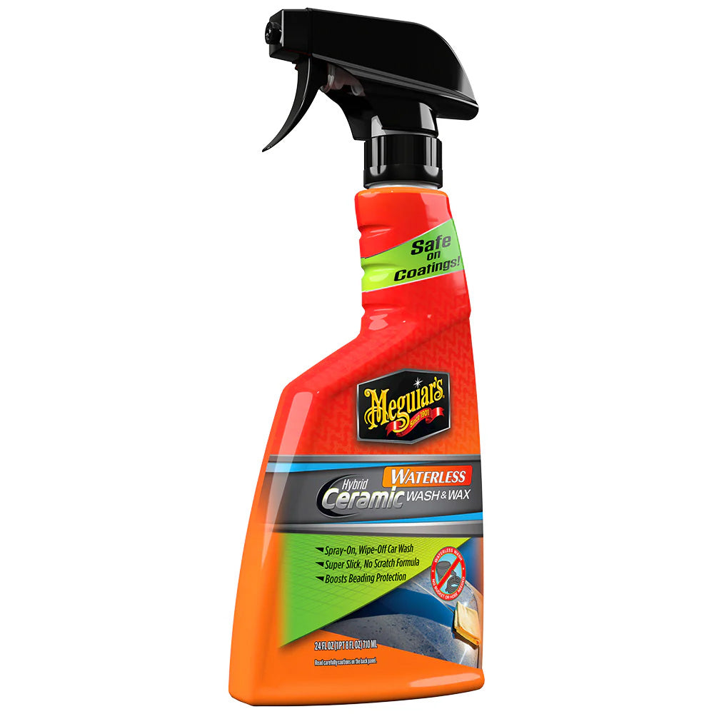 Meguiar's Hybrid Ceramic Waterless Wash and Wax bottle, 24oz, for cleaning and protecting car surfaces without water.