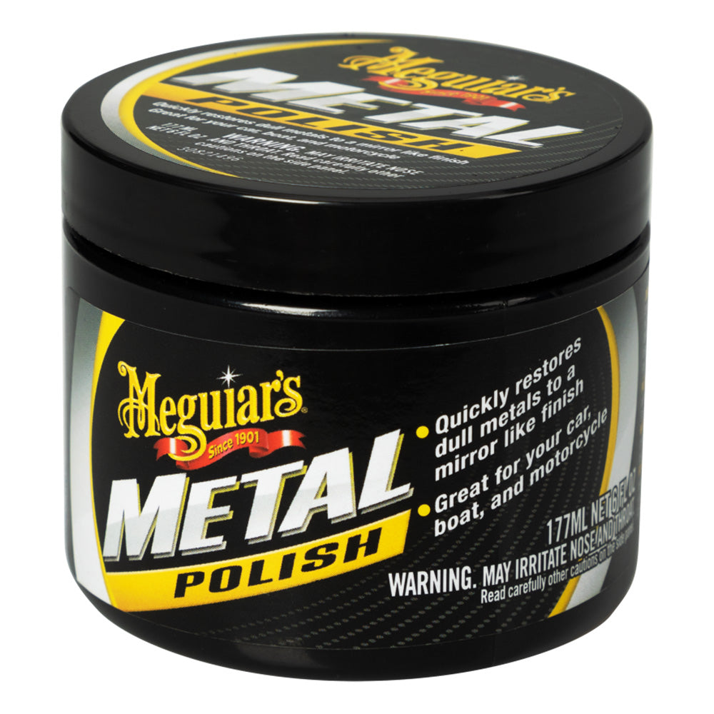 Meguiar's Metal Polish in a 6oz container, ideal for cleaning and restoring metal surfaces with a smooth, shiny finish.