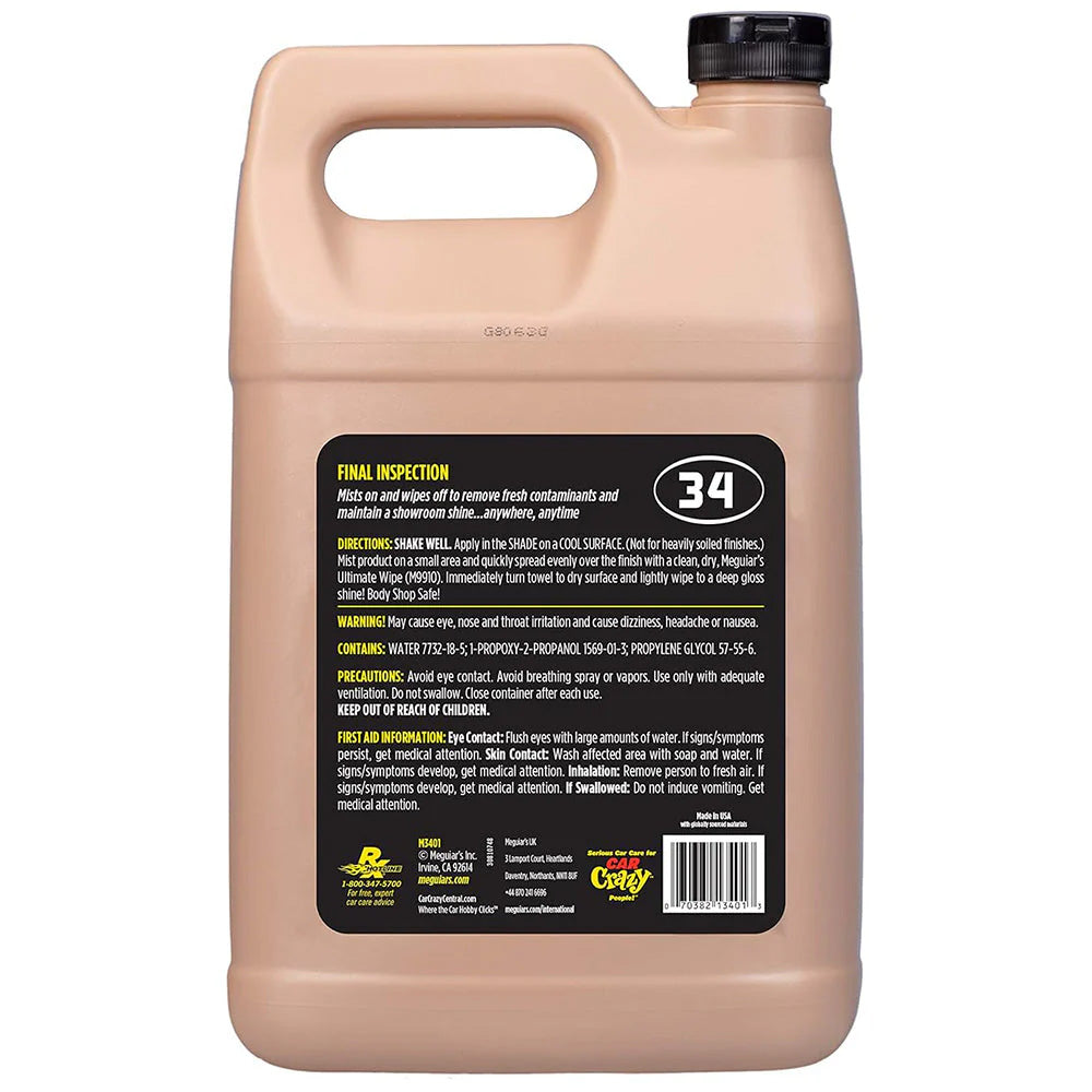 Meguiar's Professional Final Inspection wipe-off detailer in a 1-gallon container, used for cleaning and finishing vehicle surfaces.