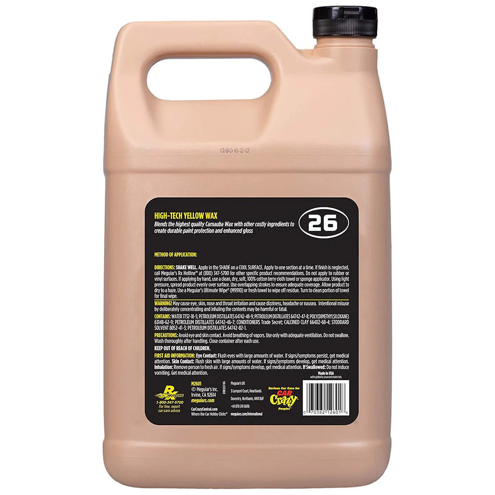 Meguiar's Professional Hi-Tech Yellow Liquid Wax in 1-gallon container for car cleaning and waxing.