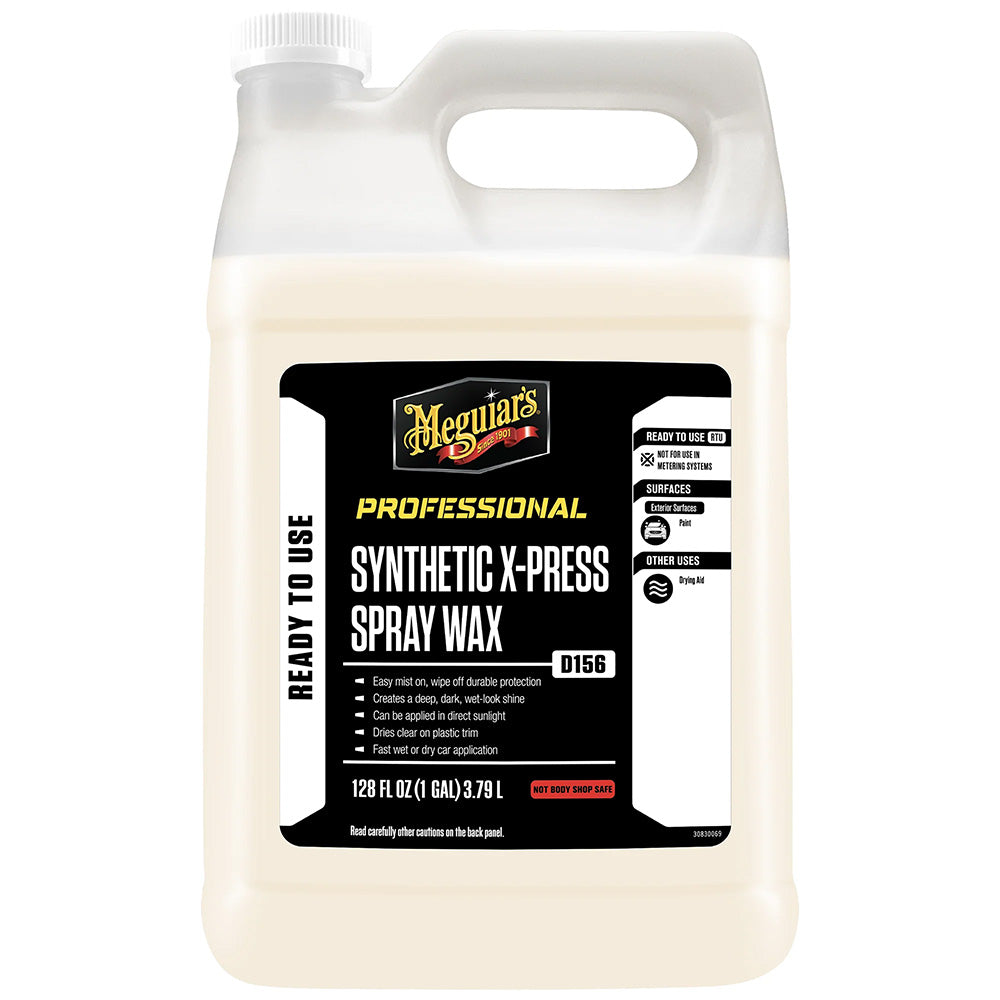 Meguiar's Synthetic X-Press Spray Wax in a 1-gallon container, a car cleaning product for a shiny, protected finish.