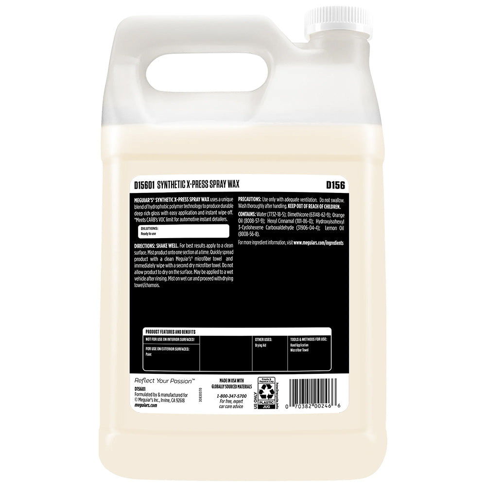 Meguiar's Synthetic X-Press Spray Wax in a 1-gallon container, a car cleaning product for a shiny, protected finish.