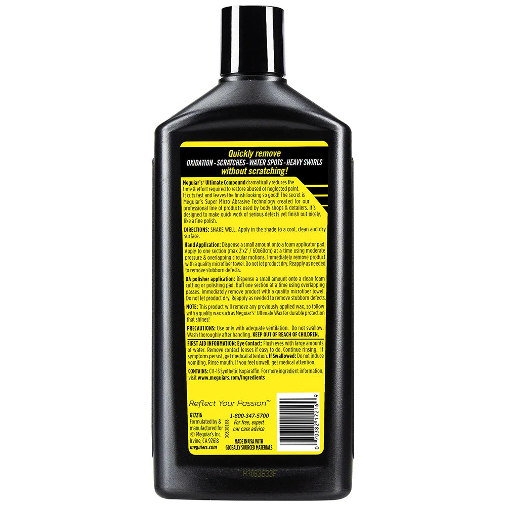 Meguiar's Ultimate Compound 16oz bottle for car cleaning and polishing with a white label and black cap.