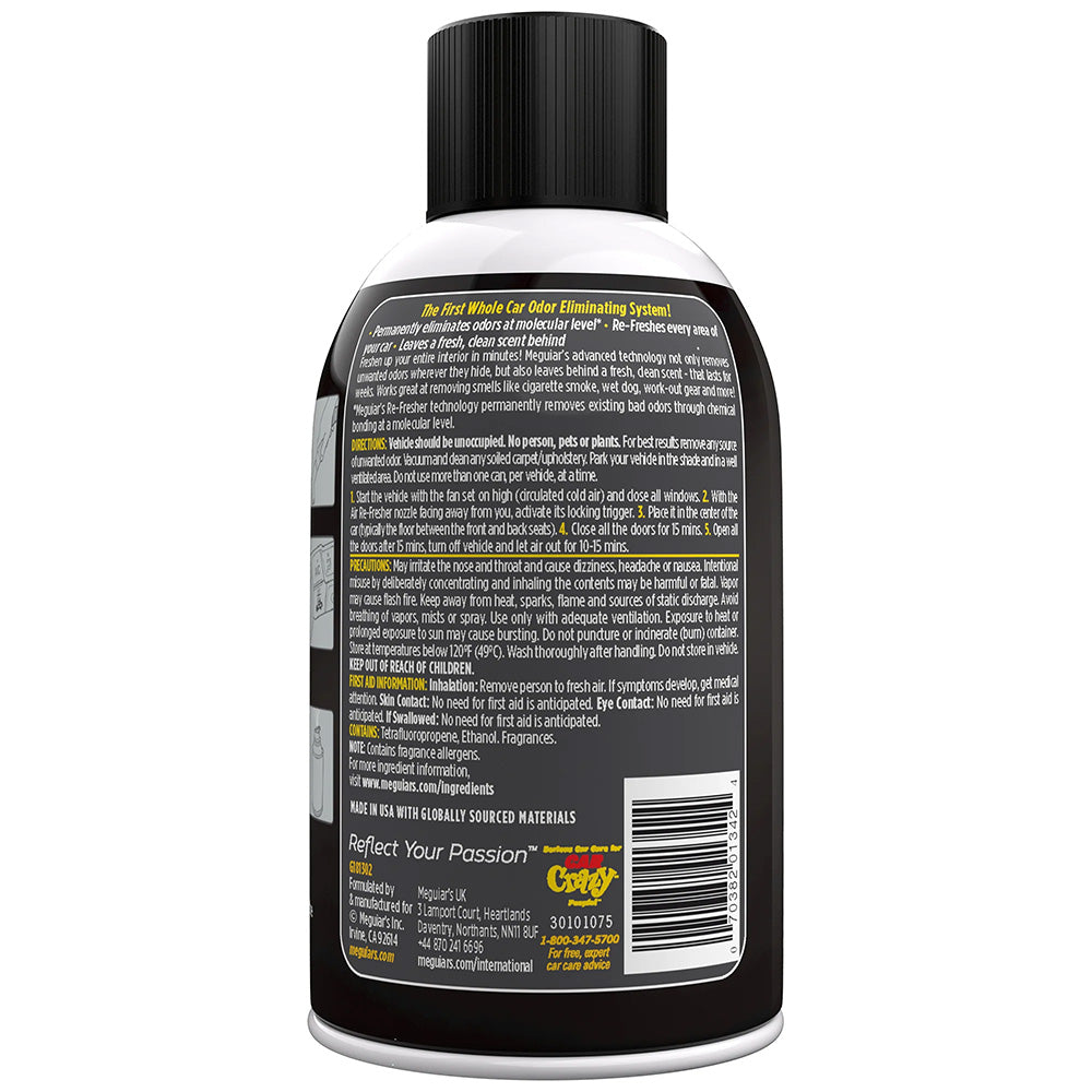 Meguiar's Whole Car Air Refresher Odor Eliminator in Black Chrome scent, cleaning product for freshening vehicle interiors.