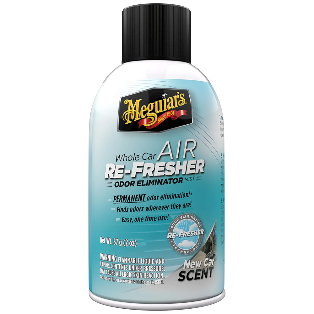 Meguiar's Whole Car Air Refresher odor eliminator in New Car Scent, a cleaning product for freshening vehicle air.