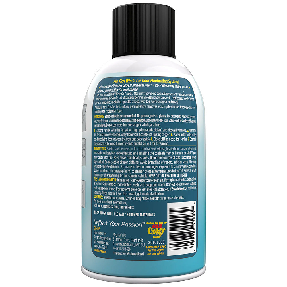 Meguiar's Whole Car Air Refresher Odor Eliminator in New Car Scent, a cleaning product for freshening vehicle interiors.