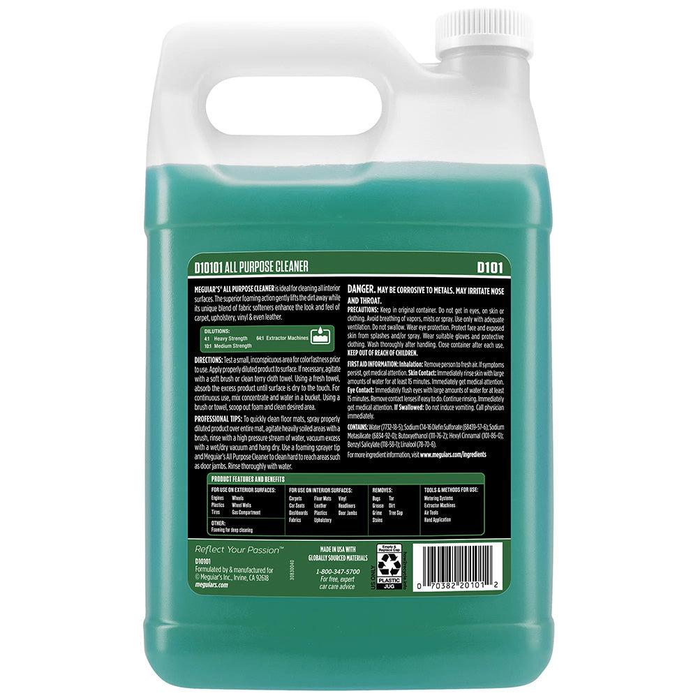 Meguiar's all-purpose cleaner in a 1-gallon container, shown in a case of four for vehicle and surface cleaning use.