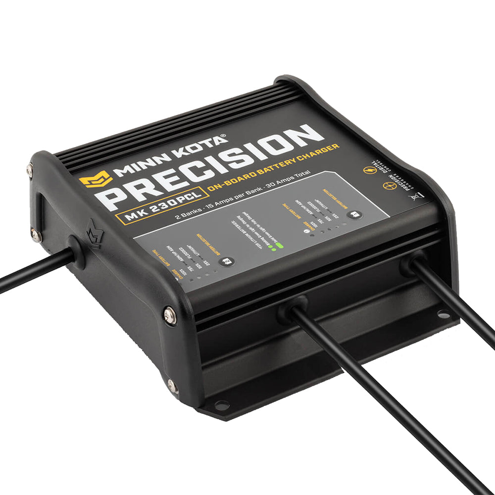 Minn Kota On-Board Precision Charger MK-230 battery charger with 2 banks, 15 amps, lithium compatibility, for marine batteries.