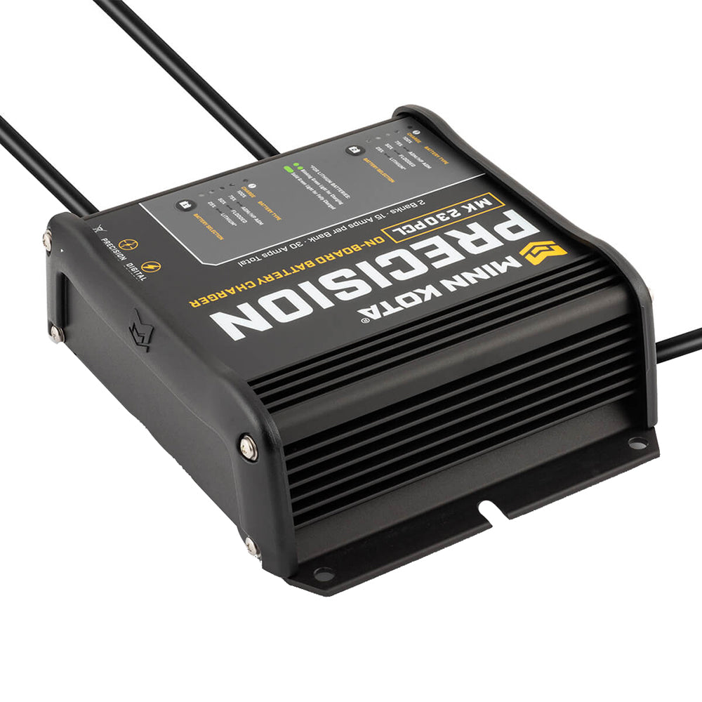 Minn Kota MK-230 On-Board Precision Charger for 2-bank battery charging, 15 Amp lithium-optimized marine battery charger.