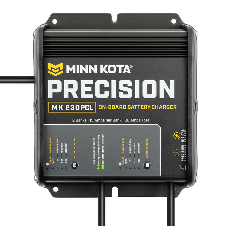 Minn Kota On-Board Precision Charger MK-230, 2-bank, 15-amp lithium battery charger for marine batteries.