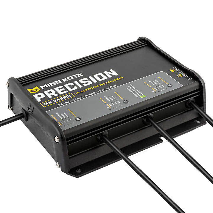 Minn Kota On-Board Precision Charger MK-345 PCL 3-bank lithium battery charger with 15-amp output, designed for marine use.