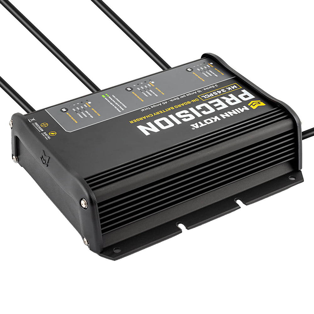 Minn Kota On-Board Precision Charger MK-345 PCL 3-bank 15-amp lithium battery charger for marine batteries.