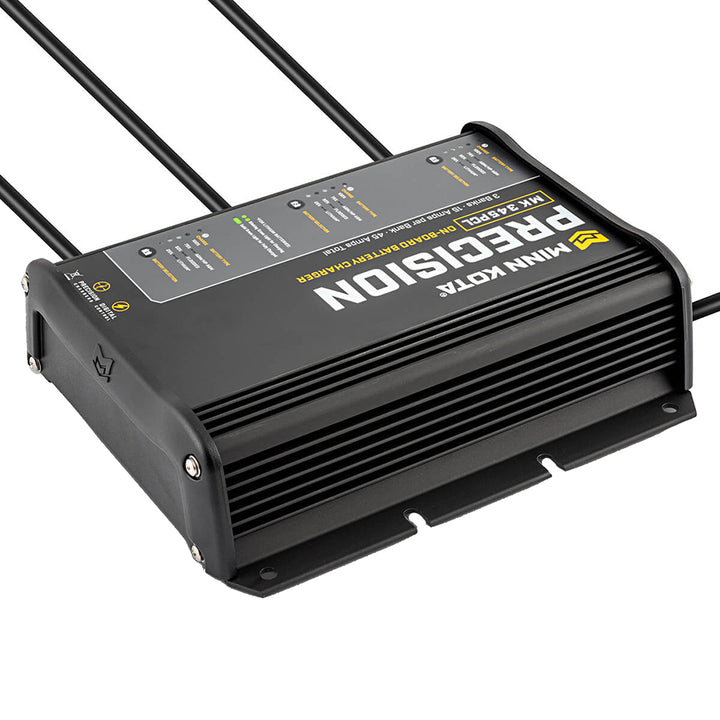Minn Kota On-Board Precision Charger MK-345 PCL 3-bank 15-amp lithium battery charger for marine batteries.
