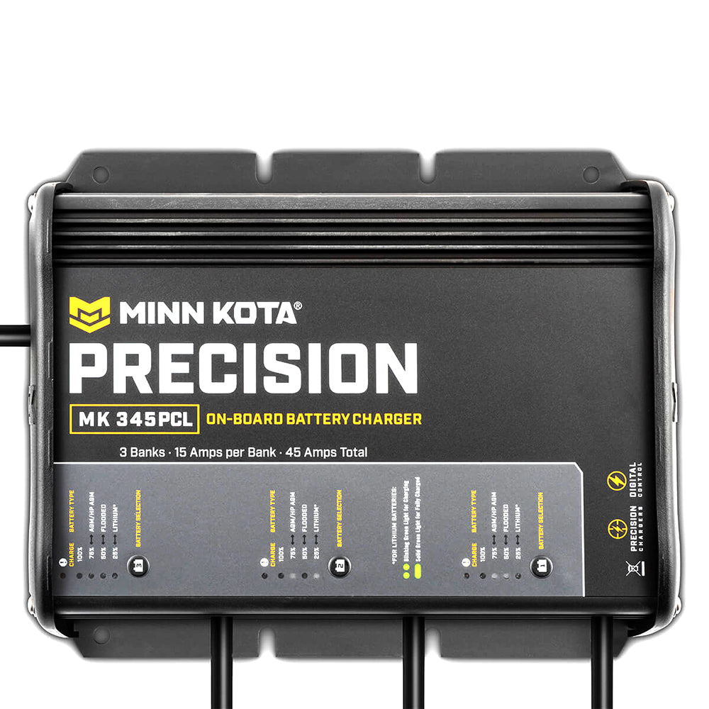 Minn Kota On-Board Precision Charger MK-345 PCL 3-bank lithium battery charger with 15-amp output, designed for marine batteries.