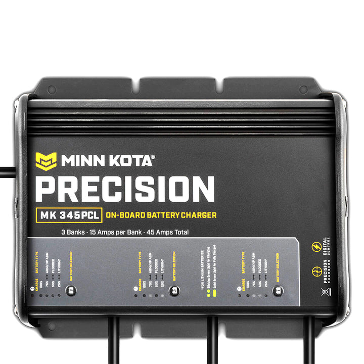 Minn Kota On-Board Precision Charger MK-345 PCL 3-bank lithium battery charger with 15-amp output, designed for marine batteries.