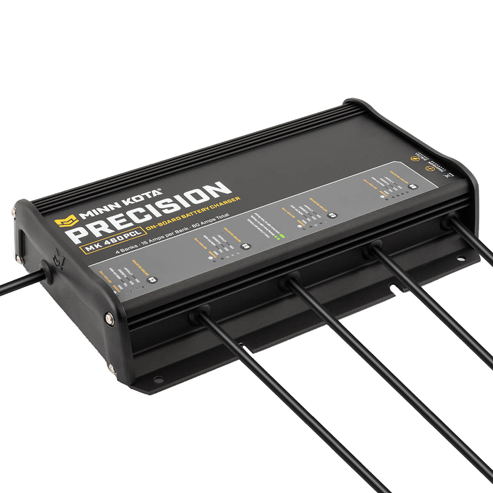 Minn Kota On-Board Precision Charger MK-460 PCL 4-bank 15-amp lithium battery charger showing multiple charging ports and digital display