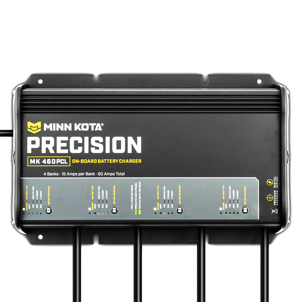 Minn Kota On-Board Precision Charger MK-460 PCL 4-bank 15 AMP lithium battery charger with digital display and compact design.