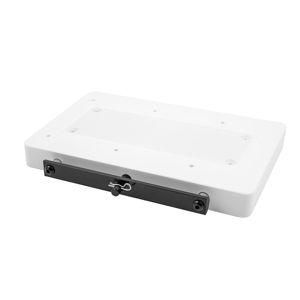 Minn Kota RTA-62 quick release bracket for trolling motors, mounted on a boat, showcasing easy attachment and removal.