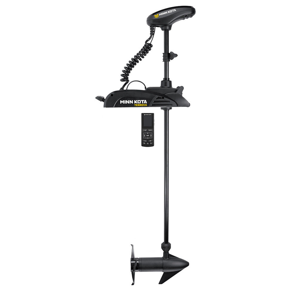 Minn Kota Terrova 55 trolling motor with wireless remote, 12V, 55 lb thrust, 54-inch shaft, used on a boat.